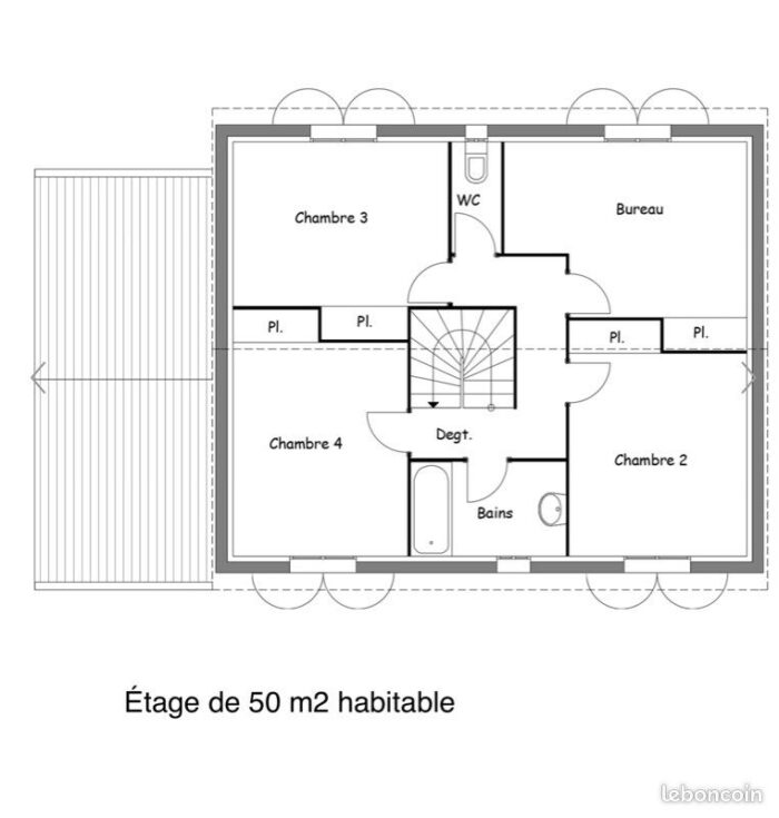 Plan intérieur personnalisable de maison bois (rez-de-chaussée 50m2 + garage 20m2)